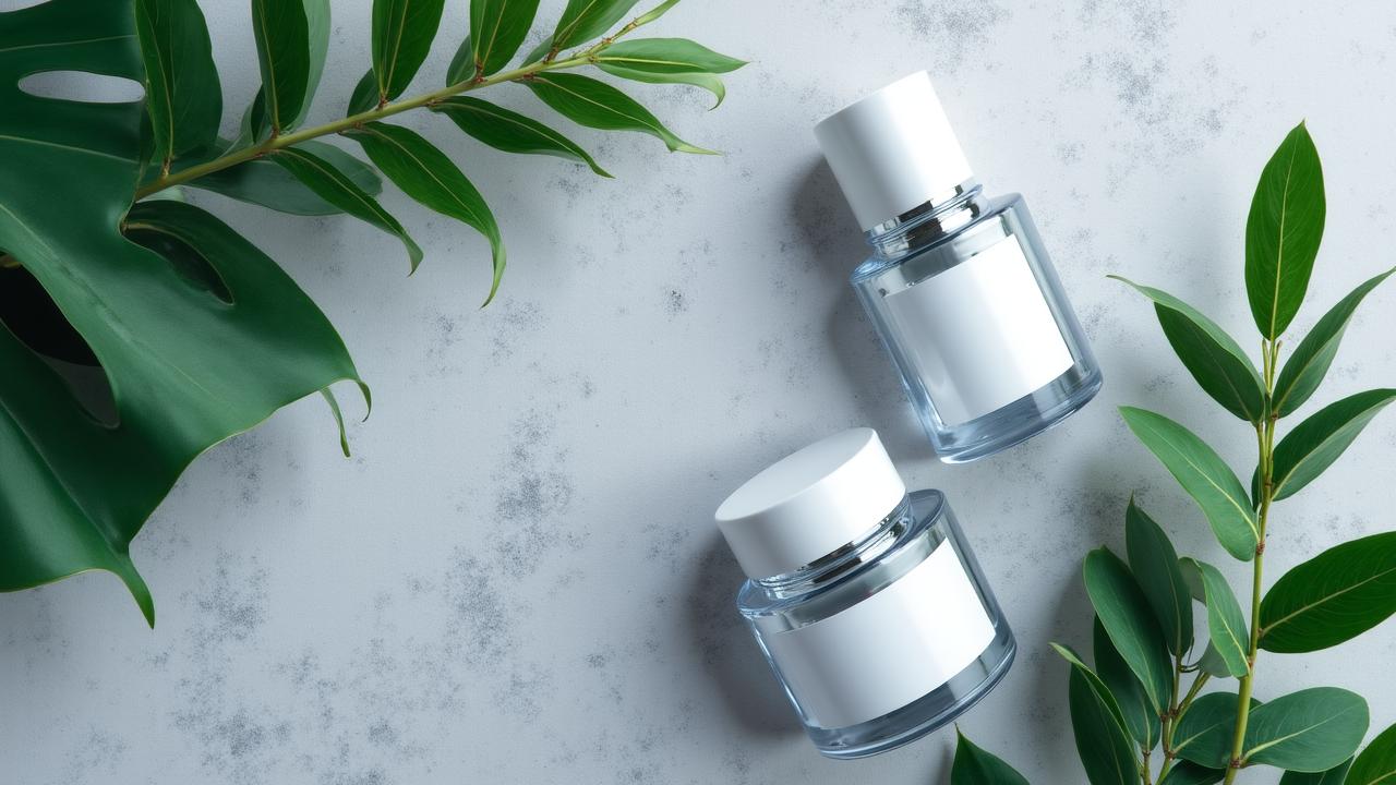 Flat lay of recyclable glass skincare containers with botanical accents