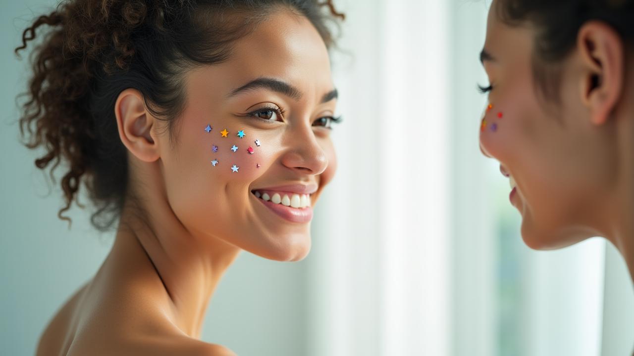 Gen Z individual applying stars to their face with a healthy skin glow.