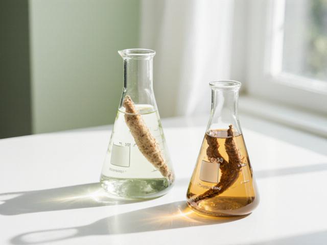 Elegant laboratory glass jars with fermented skincare ingredients like rice and ginseng