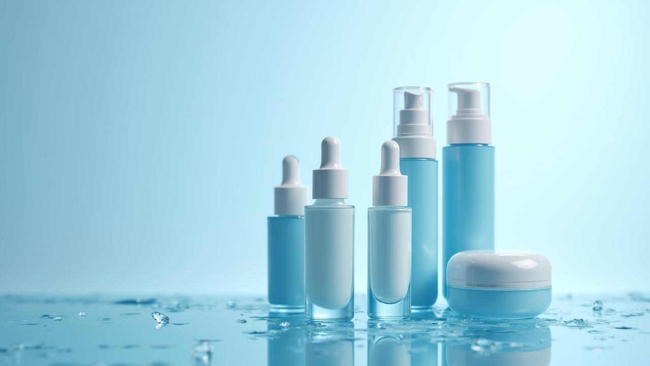 Minimalist skincare bottle arrangement on a clean slate surface